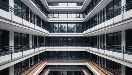 Interior view of a modern, multi-story building with repeating geometric patterns, balconies, and windows, creating a symmetrical architectural design.
