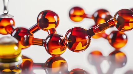 Molecular Model Structure of Chemical Compound with Red and Yellow Spheres on Reflective Surface