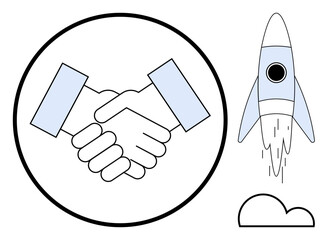 Fototapeta premium Handshake icon within a circular frame alongside a launching rocket and cloud. Ideal for business, collaboration, teamwork, success, innovation, growth, startup concepts. Simple flat metaphor