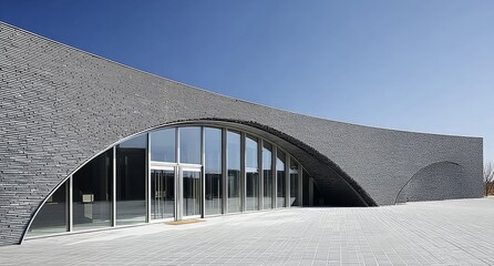 Modern architectural building with curved brick facade and large glass entrance under clear blue sky