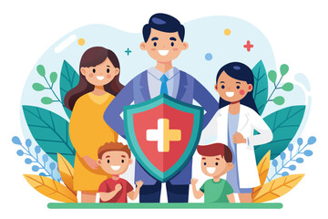 Health care family stands together smiling with a shield in a warm and friendly environment