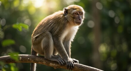 Obraz premium Monkey perched on a branch in a lush green forest.