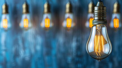 Multiple Incandescent Light Bulbs with Warm Glow in Row in Dark Background