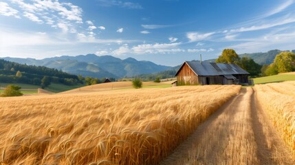Golden wheat field with wooden barn and mountains landscape
