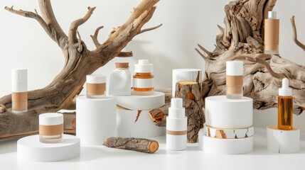 Natural Skincare Products with Wooden Elements in Minimalist Style
