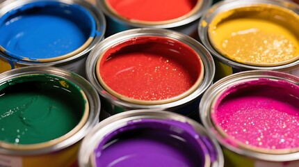 Fototapeta premium Vibrant Assortment of Open Paint Cans with Glittering Colors