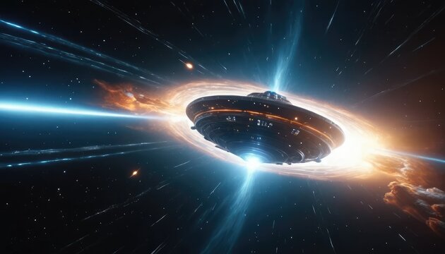 A futuristic spaceship travels through a wormhole surrounded by bright light and cosmic energy in deep space.