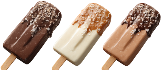 Three ice cream popsicles, dipped in chocolate and sprinkled with shredded coconut