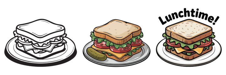 Cartoon sandwich with plate vector set silhouette illustration