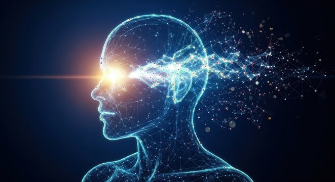 Digital human head exploding with light and data