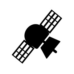 Black silhouette of a satellite with solar panels against a white background