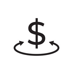 Line icon showing a dollar sign encircled by a rotating arrow. Perfect for symbolizing money circulation, refunds, currency exchange, financial recycling, cash flow, economic cycles, and investment.