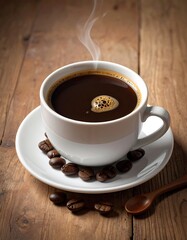 Fototapeta premium A steaming cup of coffee on a wooden table