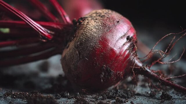 Freshly harvested beetroot with dirt on rustic surface