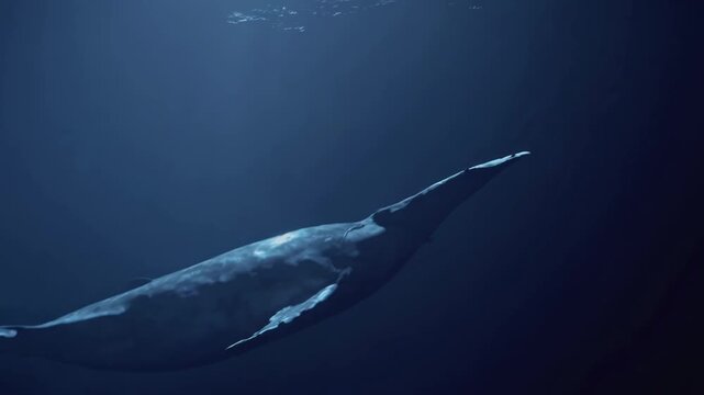 Majestic blue whale glides through deep ocean depths, serene and powerful under soft sunbeams, isolated in calm water showcasing scale, grace and marine life beauty