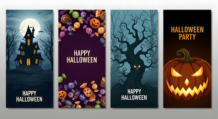 Four vertical halloween banners featuring spooky scenes and treats