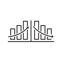Line icon of a symmetrical bar graph rising to a peak then declining, accented by directional arrows. Ideal for visualizing market volatility, economic cycles, trend reversals. and financial metrics.