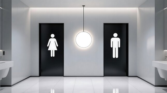 Sleek Unisex Restroom Design Featuring Gendered Doors and Bright Lighting