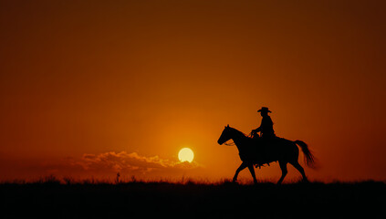 Silhouette of a lone cowboy riding a horse against a vibrant orange sunset sky