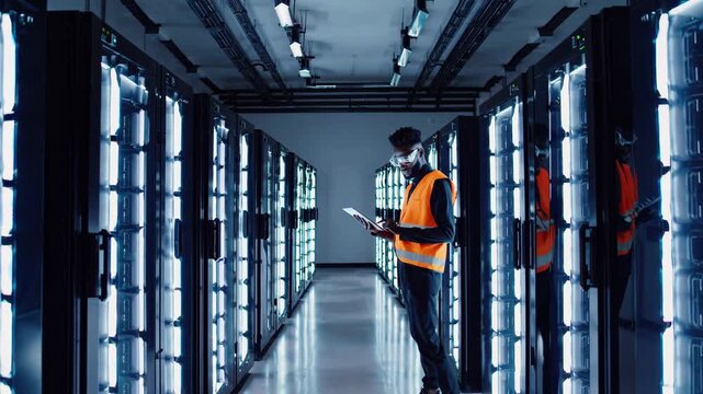 African american engineer in a high visibility vest and safety goggles walks a bright data center aisle, using a tablet to run diagnostics on server racks and network equipment - Powered by Adobe