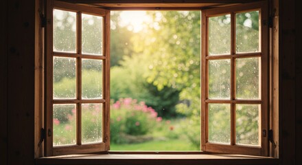Golden hour through an open window, revealing a beautiful green summer garden with soft pink flowers.