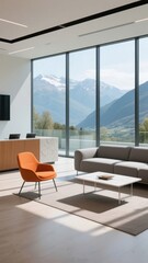 Modern living room with large windows overlooking snow-capped mountains and green valleys