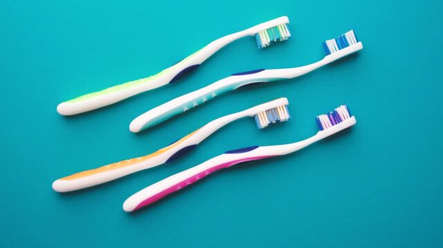 Four toothbrushes with colored handles arranged diagonally on a blue surface.