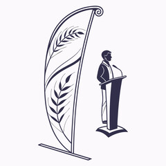Silhouette of a man speaking at a podium next to a stylized banner with wheat stalks