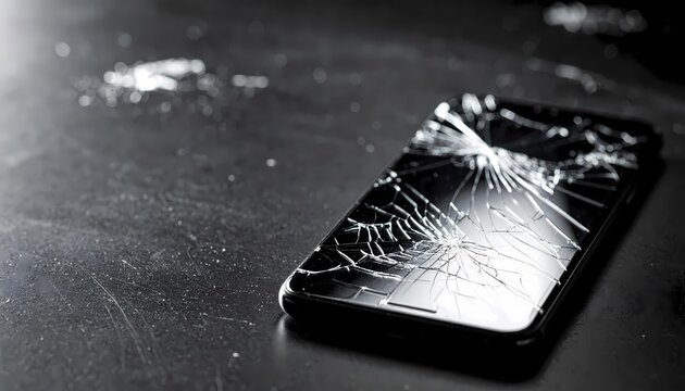 A damaged smartphone lies on a dark surface with a shattered screen and scattered debris nearby