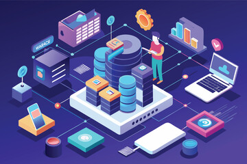 Obraz premium Modern digital data storage and analysis in a vibrant tech infographic setting