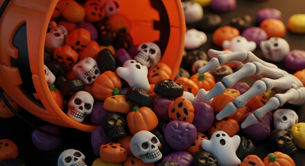 Spooky halloween candy overflowing from pumpkin bucket with skeleton hand
