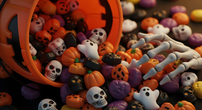 Spooky halloween candy overflowing from pumpkin bucket with skeleton hand