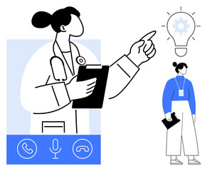 Female doctor holding clipboard, pointing at innovative idea. Second figure with badge and clipboard. Ideal for telemedicine, healthcare innovation, online consultation, modern technology, medical