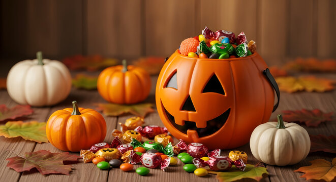 Carved jack o lantern filled with colorful halloween candies and autumn gourds - Powered by Adobe