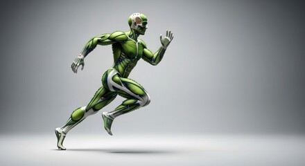 Muscular green humanoid figure in dynamic running pose