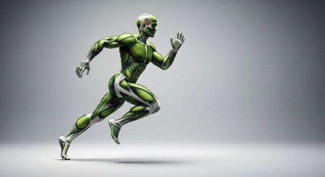 Muscular green humanoid figure in dynamic running pose