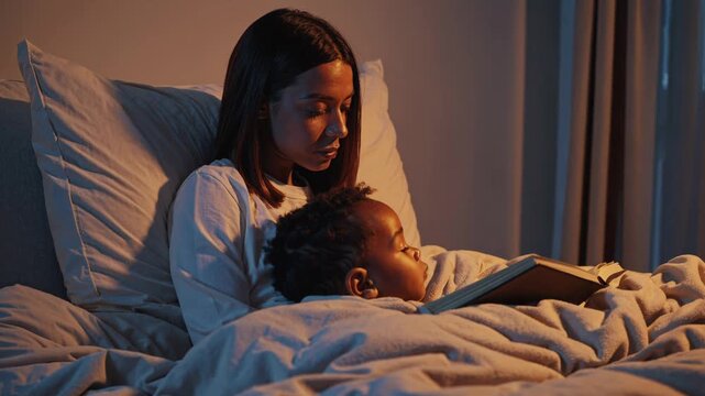 Caring african american mom shares a magical bedtime story with her adorable young son, creating a heartwarming family moment in their cozy bedtime routine