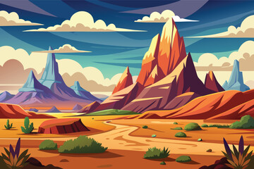 Majestic desert landscape with colorful mountains and dramatic sky during sunset