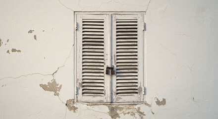 Aged White Wooden Shutters with Padlock on a Weathered Cracked Wall, Showcasing Rustic Architectural Detail.