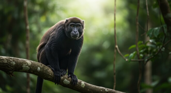 Olive Colobus Monkey Perched on Branch in Lush Forest.