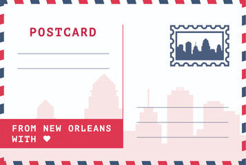 From New Orleans, USA postal card template. Vector postcard illustration with stamp, landmark, message. Cool flat Louisiana greetings image layout © Anastasiia