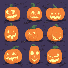 Cute Halloween pumpkins with carved faces and flying bats vector illustration