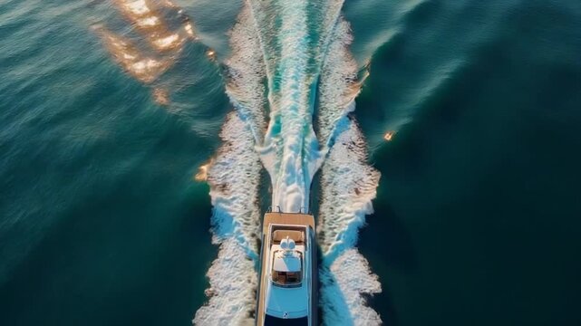 Aerial - Top down view of catching luxury motor boat racing on the water Large luxury yacht floats in the sea port on a background of blue water top view aerial view on sunset. Travel Summer Vacation