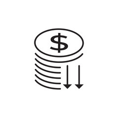 Minimalist line icon of stacked coins with a dollar sign, accented by downward arrows. Ideal for illustrating financial loss, spending decrease, cost reduction, budget cuts, and economic decline.