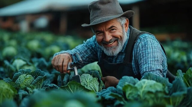 Smiling Gardener in Cabbage Patch: A seasoned gardener, beaming with pride, surveys his thriving cabbage patch, the verdant leaves a testament to his dedication. He exudes a warm.