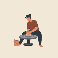 Person creating pottery on a wheel in a beige toned illustration with bucket and tools