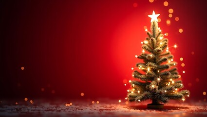 Glowing Christmas Tree on Red Background with Snow and Bokeh Lights
