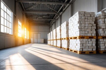 Obraz premium Large warehouse with stacked pallets of white boxes in sunlit industrial setting