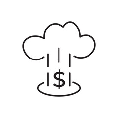 Minimalist line icon of a cloud raining dollar signs onto a base. Perfect for symbolizing financial windfalls, investment returns, money growth, economic prosperity, and revenue streams in apps.