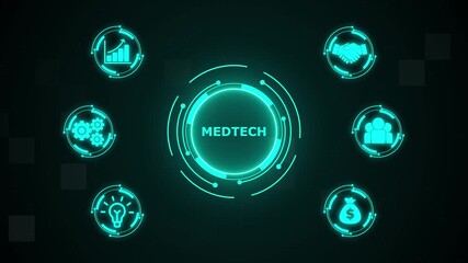 MedTech medical technology information integration internet big data concept on virtual screen. futuristic holographic advanced HUD circle platform Business, Technology concept. 